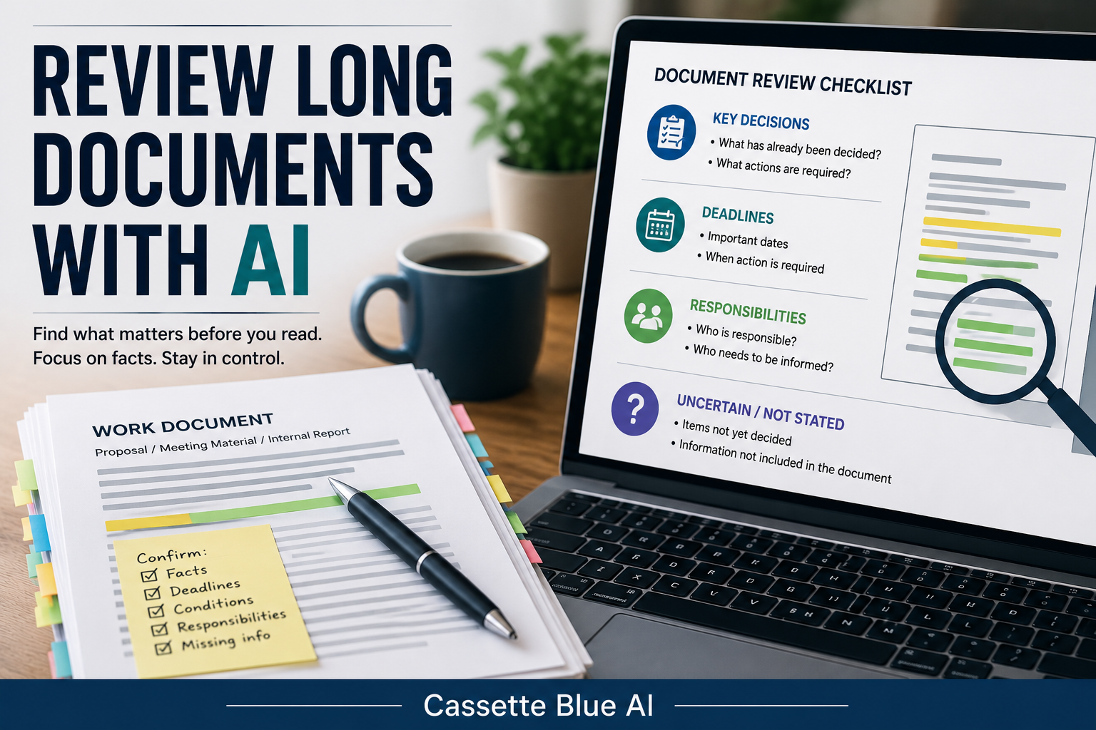 A Japanese professional in his 50s using AI to review a long work document and identify important details.