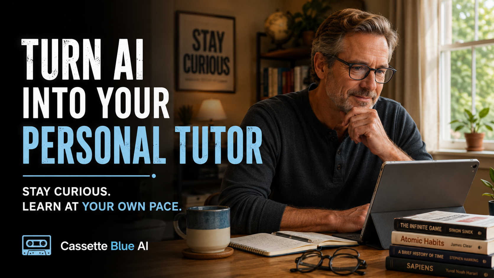 Gen X man using AI as a personal tutor to explore new interests and continue learning after 50